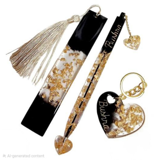 The Luxury Aesthetic Stationery Bundle | Resin Customizable Boomark, Pen, and Keychain combo | Best for gifting