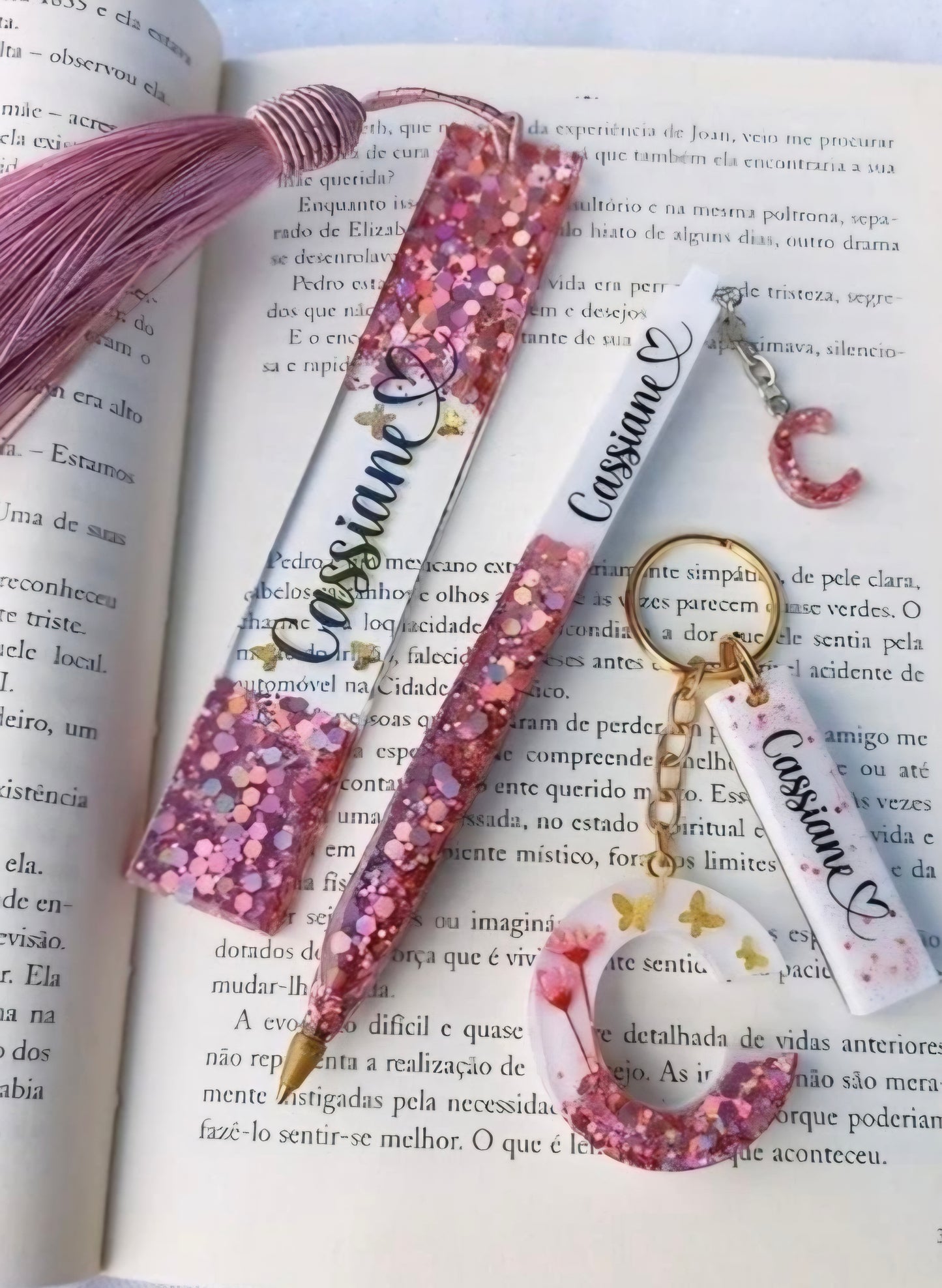The Luxury Aesthetic Stationary Bundle | Resin Customizable Bookmark, Pen, and alphabet Keychain Set | Best for gifting