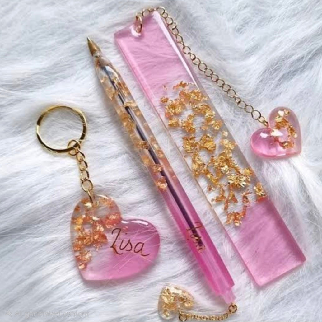The Luxury Aesthetic Stationery Bundle | Resin Customizable Boomark, Pen, and Keychain combo | Best for gifting