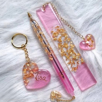 The Luxury Aesthetic Stationery Bundle | Resin Customizable Boomark, Pen, and Keychain combo | Best for gifting