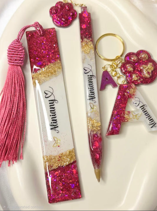 The Luxury Aesthetic Stationary Bundle | Resin Customizable Bookmark, Pen, and alphabet Keychain Set | Best for gifting