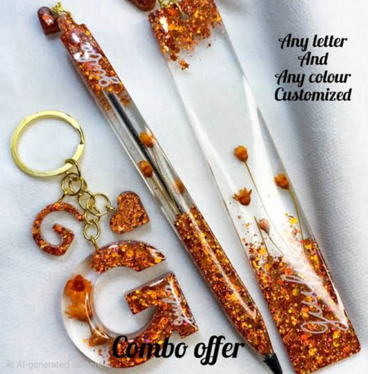 The Luxury Aesthetic Stationary Bundle | Resin Customizable Bookmark, Pen, and alphabet Keychain Set | Best for gifting