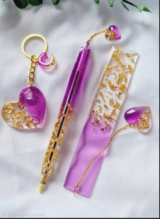 The Luxury Aesthetic Stationery Bundle | Resin Customizable Boomark, Pen, and Keychain combo | Best for gifting