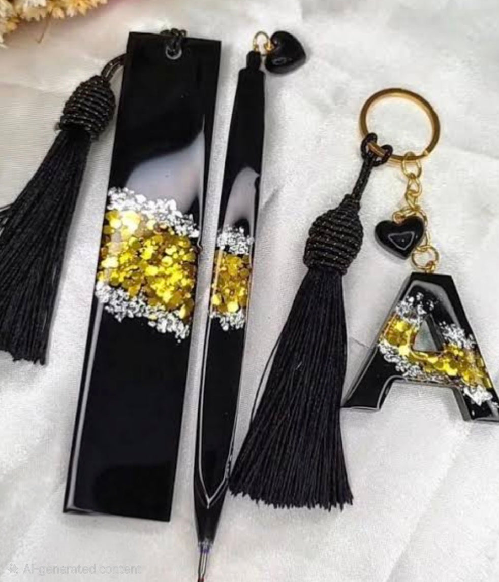 The Luxury Aesthetic Stationary Bundle | Resin Customizable Bookmark, Pen, and alphabet Keychain Set | Best for gifting